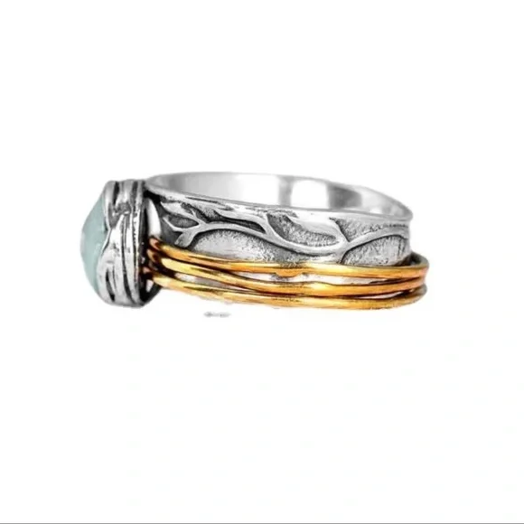 Silver Aquamarine Ring with Gold Accents - Picture 4 of 6